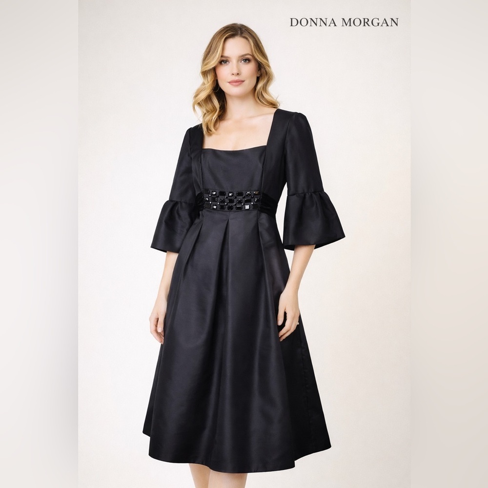 Donna Morgan Black Satin Fit & Flare Dress Size 2 Silk Lined Beaded Formal